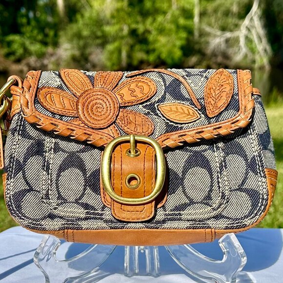 Coach Handbags - SOLD - COACH Bleecker Vachetta Leather Signature Denim Floral Applique Wristlet